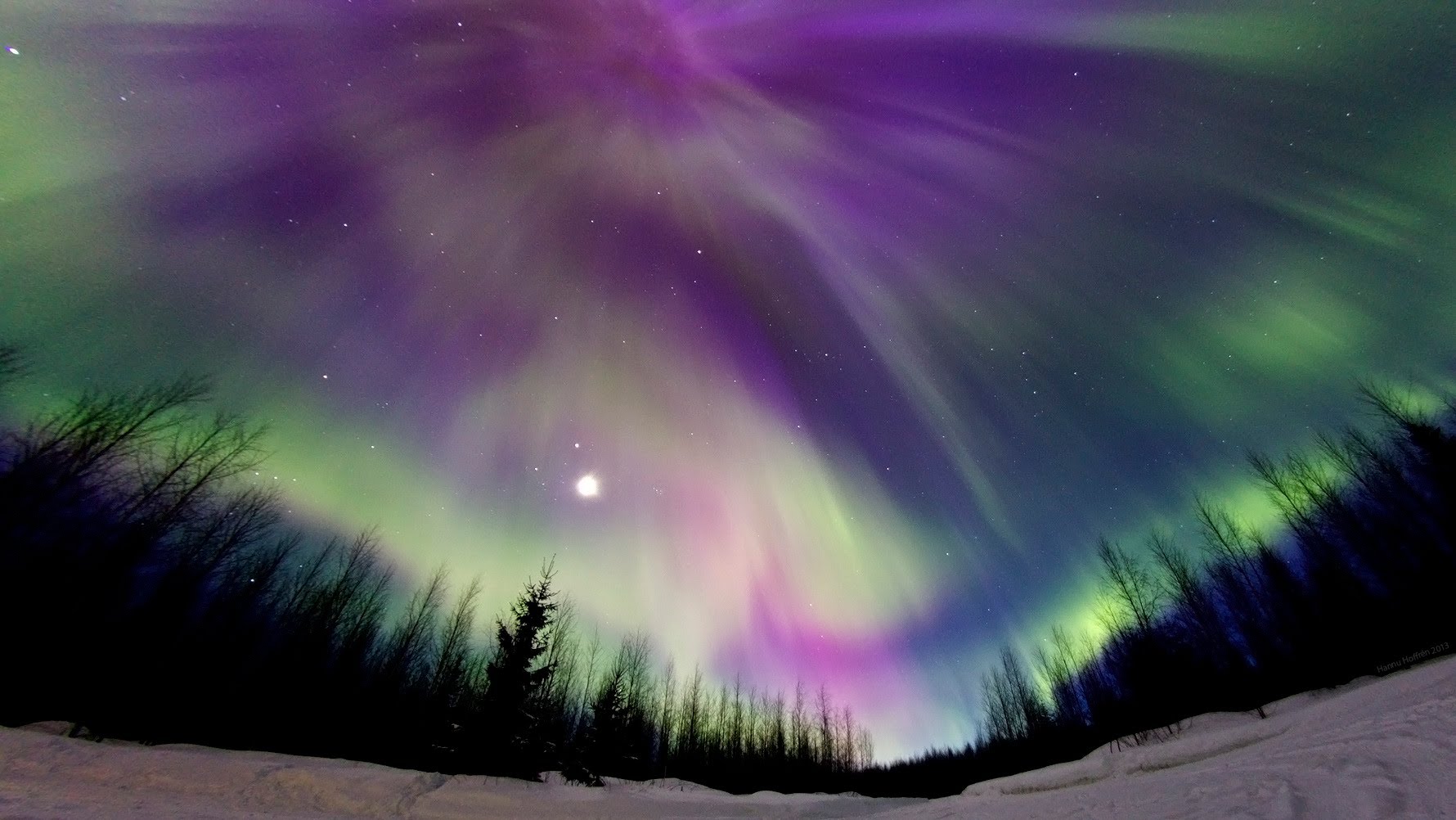 L'aurora boreale colora il cielo di viola e blu