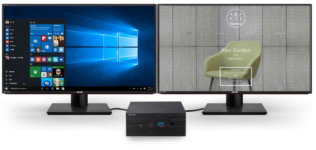 Due schermi collegati ad Asus MiniPC PN62