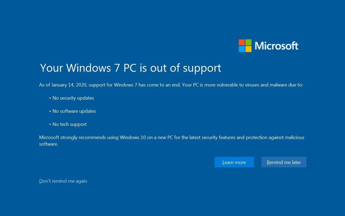 Fine del supporto a WIndows 7